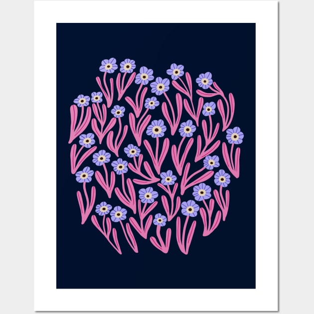 Cute minimalist ditsy flowers in blue and pink Wall Art by Natalisa